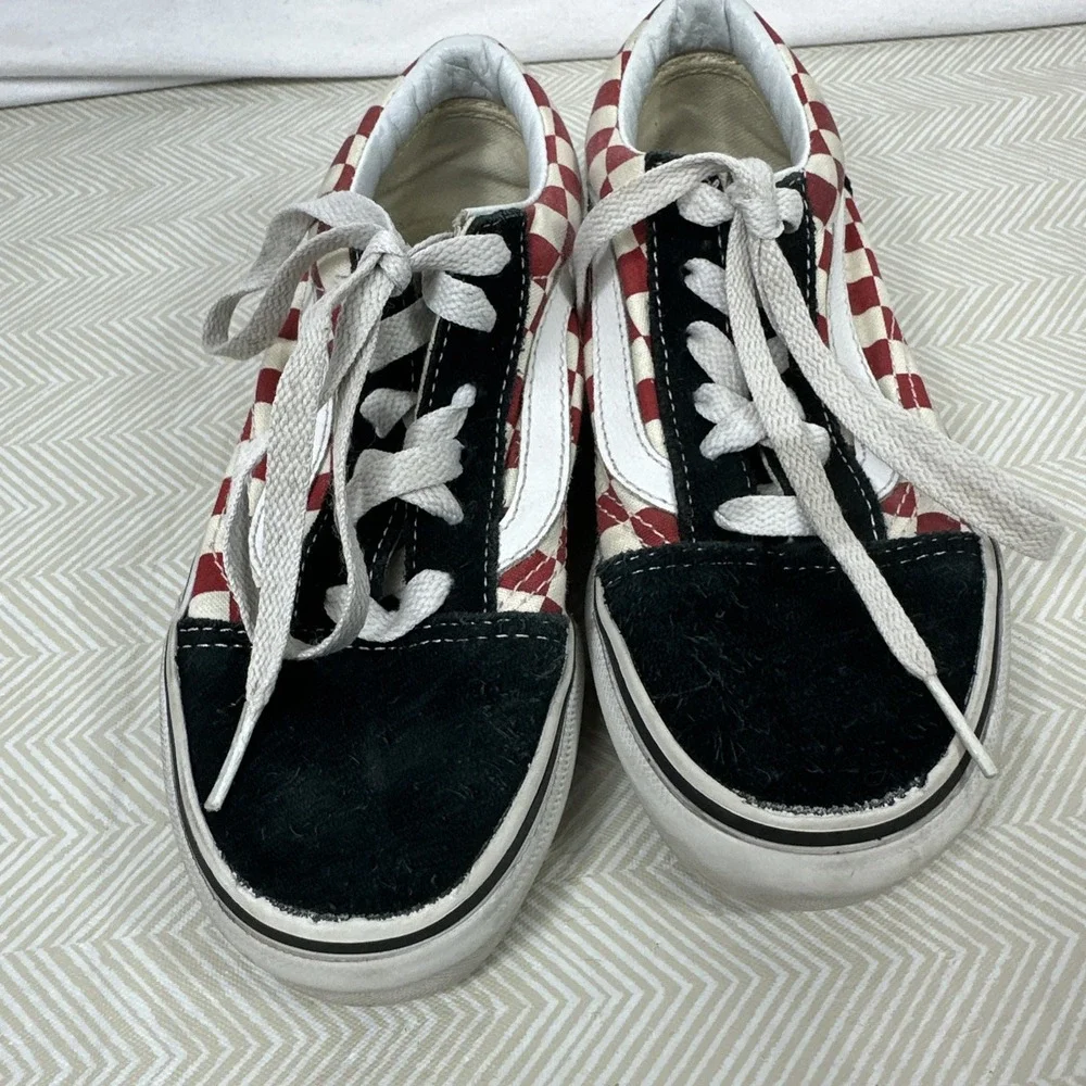 VANS Old‎ Skool Checkerboard Sneakers Kids 1 Skate Shoes Red/White/Black
